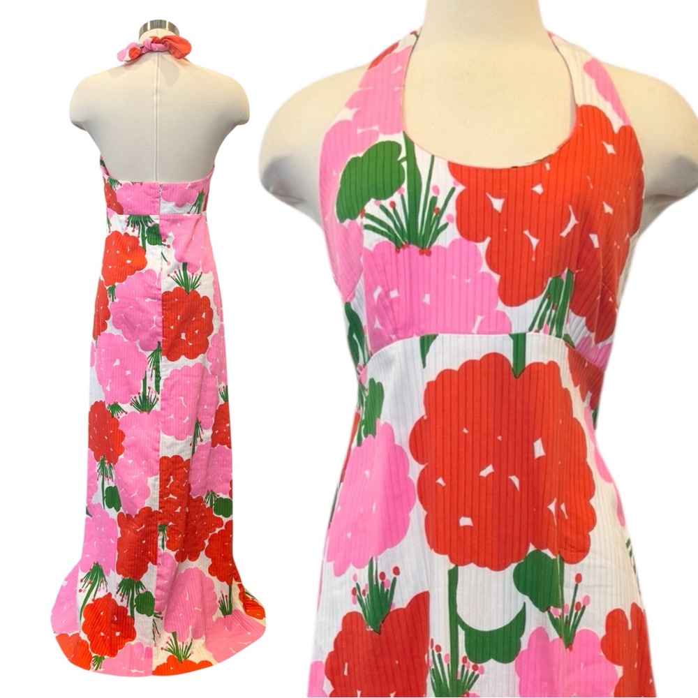 Vintage Malia Honolulu Pink Red Floral Print Hawaiian Halter Maxi Dress L 14